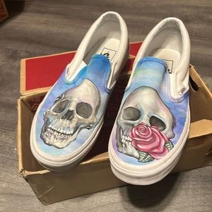 Vans White and Blue Slip-On Shoes with Skull and Rose Design